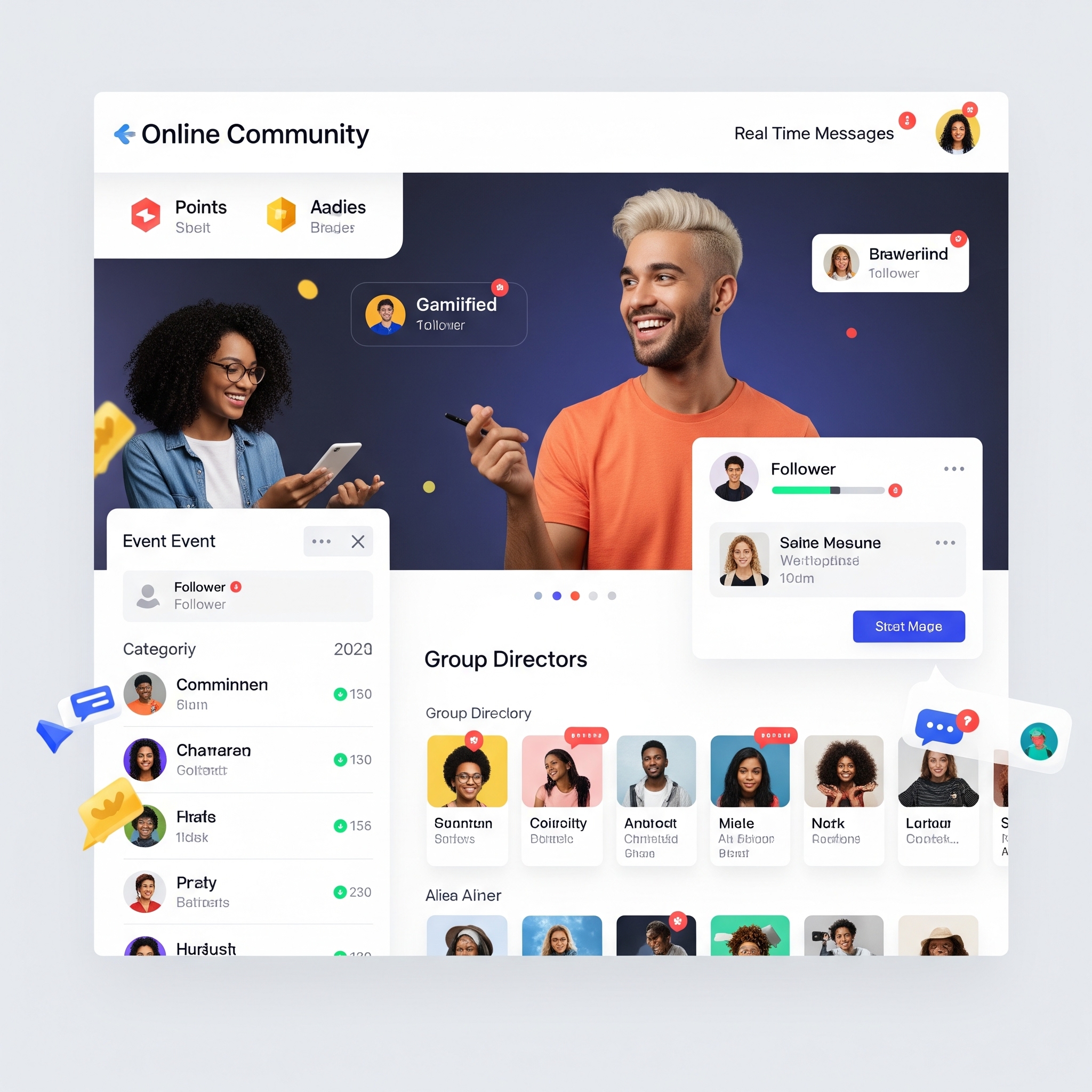 A colourful digital interface for an "Online Community" platform. It displays various features including follower counts, "Points" and "Badges" for gamification, "Event Events" categorized by year, a list of "Group Directors" with diverse member profiles, and "Real Time Messages" with user avatars. The background features two individuals smiling, seemingly part of the community.