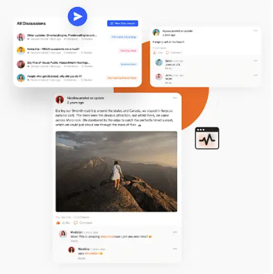 A multi-panel graphic displaying elements of an online community platform. One panel shows "All Discussions" with various topics. Another panel shows "Alyssa posted an update" with comments. A larger panel shows "Nicolina posted an update" with text about a trip and a photo of a person on a mountaintop, followed by comments.